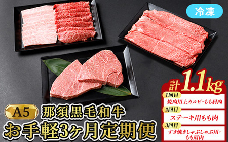 【定期便3ヵ月】A5等級 那須黒毛和牛 お手軽定期便 ｜ すき焼き しゃぶしゃぶ 焼肉用 霜降り上カルビ もも肩肉 ステーキ 小分けお肉少量 食べ切り 肉 国産 定期 高級 冷凍 那須 栃木県 那須町〔E-58〕