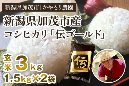 【令和7年産】新潟産コシヒカリ「伝ゴールド」真空パック 玄米3kg（1.5kg×2）