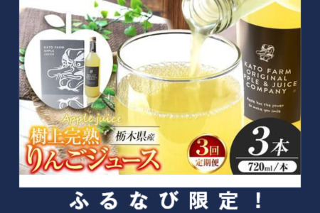 【ふるなび限定】【定期便3回】栃木県矢板市産 樹上完熟100％りんごジュース 720ml×3本入  | 林檎 リンゴ 果汁100% 産地直送 (毎月お届け） FN-Limited-PR