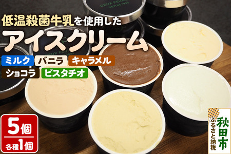 秋田市産 鈴木牛乳の低温殺菌牛乳を使用したアイスクリーム 5種（リッチミルク、バニラ、ショコラ、キャラメル、ピスタチオ）