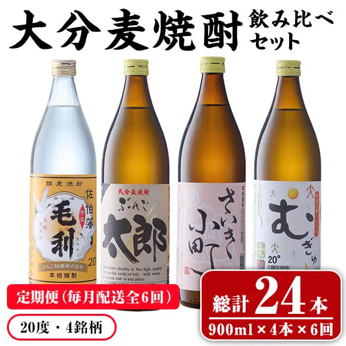 大分麦焼酎 飲み比べセット (900ml×4本・6回) 定期便 定期 飲み比べ セット 国産 毛利 ぶんご太郎 さいき小町 むぎゅ ご当地 焼酎 麦 20度 セット 酒 アルコール 【opax010】【ぶんご銘醸】