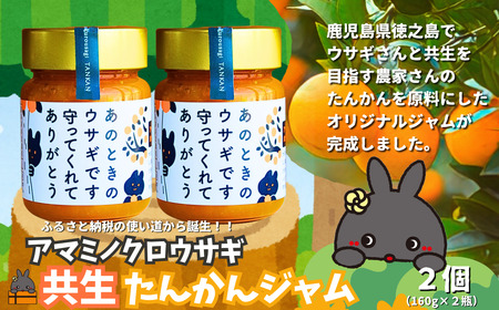 《徳之島町オリジナル！》アマミノクロウサギ共生たんかんジャム 2個（160g×2瓶）　( ジャム アマミノクロウサギ ウサギ うさぎ 共生 自然保護 たんかんジャム たんかん パッションフルーツ フルーツ 果物 徳之島 鹿児島 美農里館 世界自然遺産 武蔵野大学 )