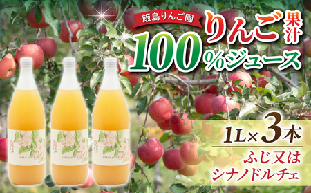 果汁100％りんごジュース（ふじ又はシナノドルチェ）３本【飯島りんご園】