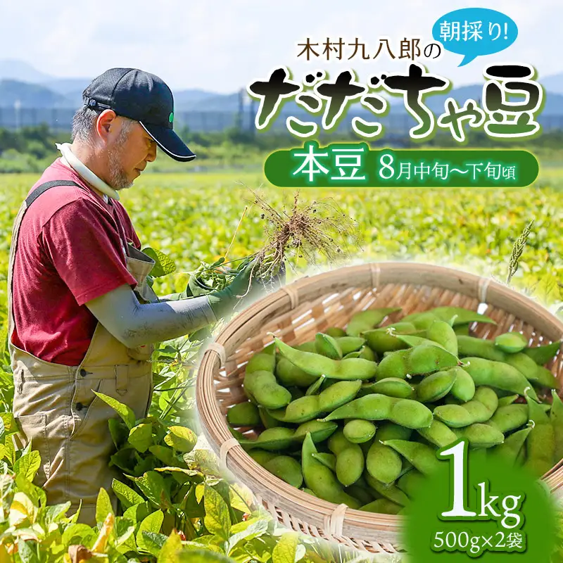 【令和8年産先行予約】 木村九八郎の朝採り！新鮮！だだちゃ豆 「本豆」 1kg（500g×2袋） 山形県鶴岡市産　K-829