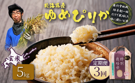 【2025年産】【定期便：3回】北海道産 特別栽培米 ゆめぴりか 玄米 5kg（無化学肥料、除草剤一回だけで栽培した体に優しいお米）【25147】