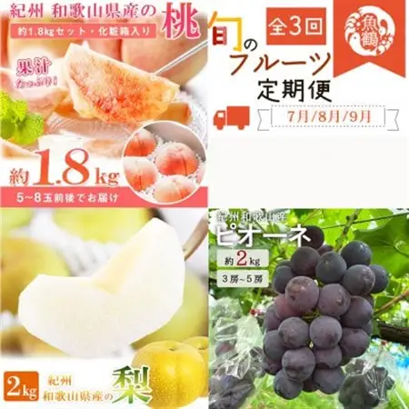 【発送月固定定期便】紀州和歌山産旬のフルーツセット(桃・梨・ピオーネ)全3回【配送不可地域：離島・北海道・沖縄県】【4073974】