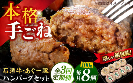 【全3回定期便】沖縄県産 あぐー豚＆石垣牛 ハンバーグセット 800g (100g×8個) 豚 牛 ハンバーグ 冷凍 ギフト お取り寄せ 沖縄市 / お肉屋本店[BCAZ015]