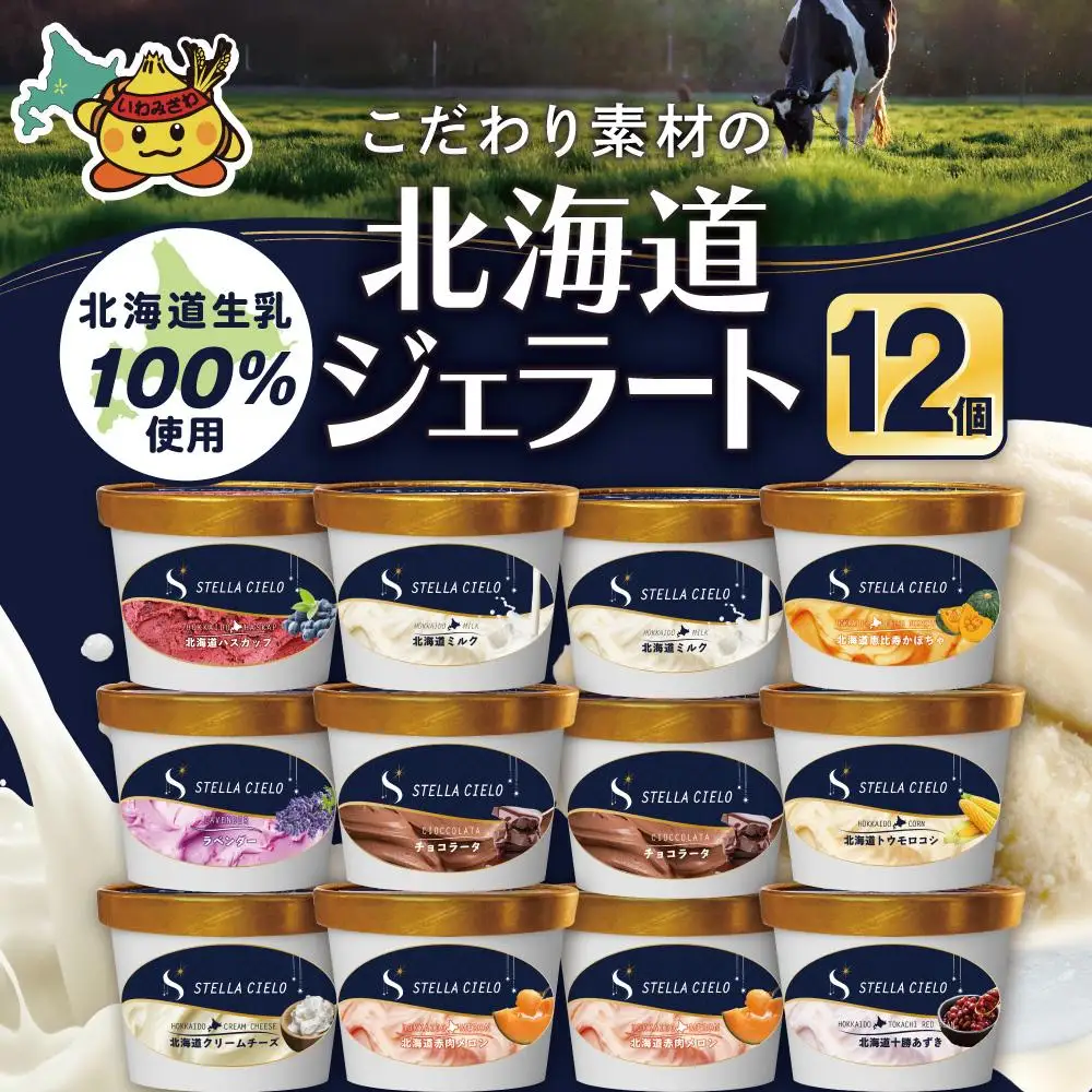 STELLA CIELO 北海道ジェラート12個 | 北海道ミルク チョコラータ 北海道クリームチーズ 北海道十勝あずき 北海道恵比寿かぼちゃ 北海道赤肉メロン 北海道ハスカップ ラベンダー 北海道トウモロコシ