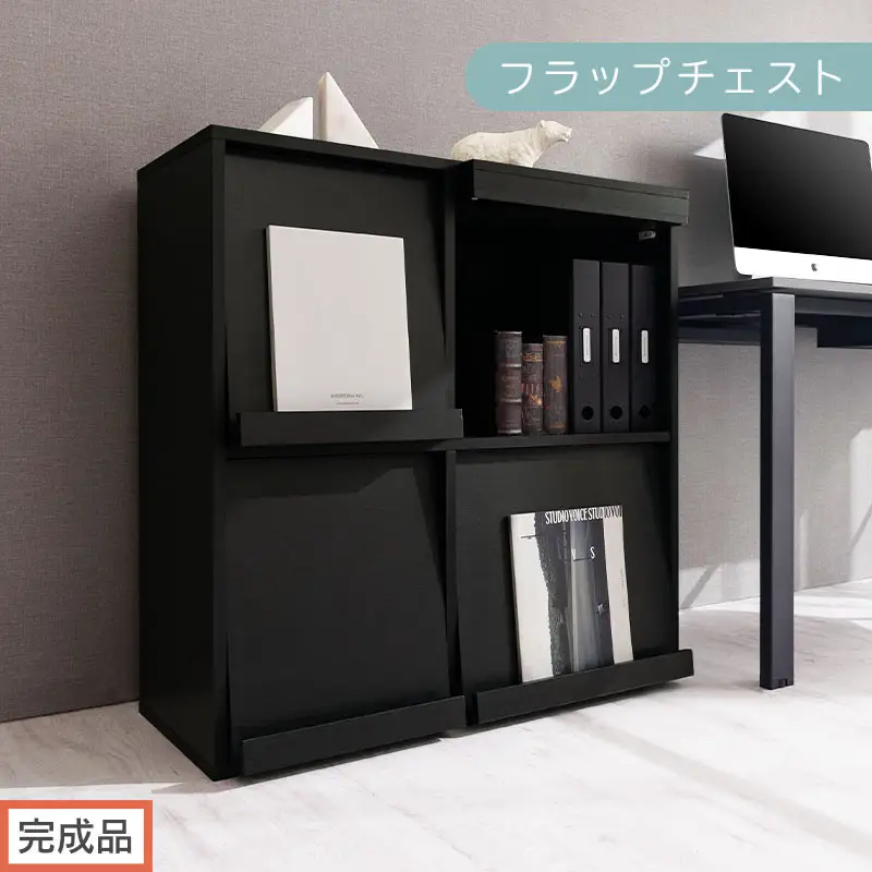 【完成品でお届け】フラップチェスト（ブラック）ディスプレイラック 大容量 推し活 収納 フラップチェスト 扉付き 本棚 フラップ扉 隠す収納 飾る 推し活棚 マガジンラック 収納棚 棚 コミック リビング LKANCTHM0820-0-BK