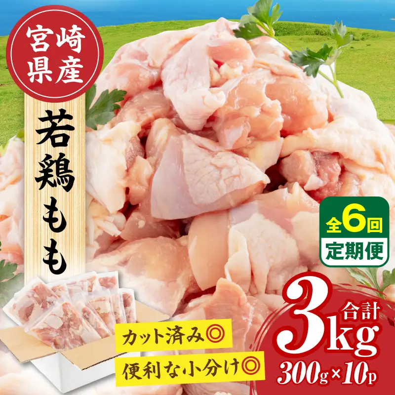 【隔月発送】【6回定期便】宮崎県産 若鶏もも肉 300g×10P 計3kg 鶏 鶏肉 若鶏 モモ肉 鶏モモ からあげ チキン南蛮 焼き鳥 シチュー カット済 真空パック