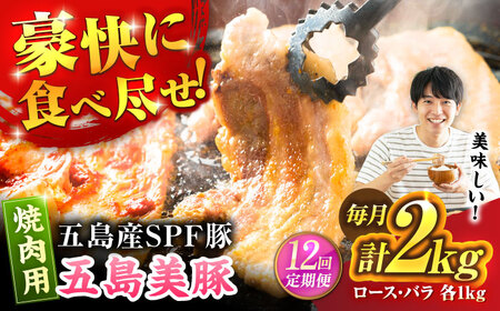 【12回定期便】五島美豚 焼肉2kg (ロース1kg/バラ1kg) 五島市/ごとう農業協同組合[PAF056]