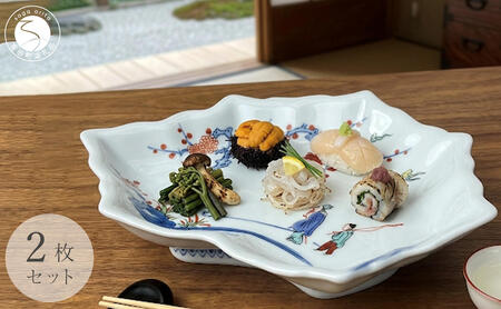 有田焼 色絵梅花人物文木の葉形銘々皿 2枚 セット 【有田焼 花伝作】食器 器 うつわ 和皿 銘々皿 上品 日本食 梅 花 銘々皿 35000円 A35-379