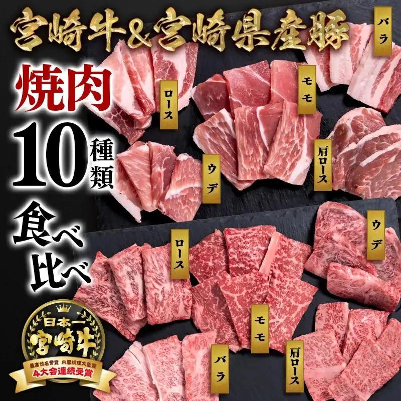 宮崎牛＆宮崎県産豚肉 焼肉10種盛り 食べ比べセット計600g 宮崎牛4等級以上 国産牛 豚肉  ブランド牛 ミヤチク 内閣総理大臣賞4連覇＜47-3b＞●