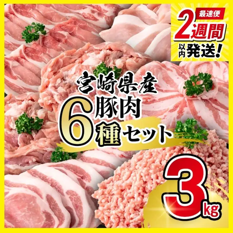【2週間以内発送】宮崎県産豚肉 6種 バラエティ3kgセット＜58-40a＞小分け スライス 鍋 トンカツ 餃子等