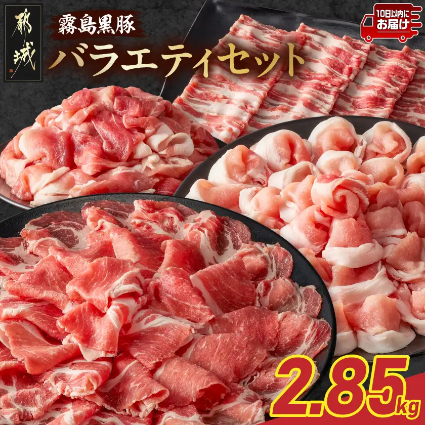 霧島黒豚バラエティセット2.85kg≪みやこんじょ特急便≫〔23-2801-Q〕_(都城市) 霧島黒豚 薄切り ロース 肩ロース バラ かた・もも切り落とし 真空包装