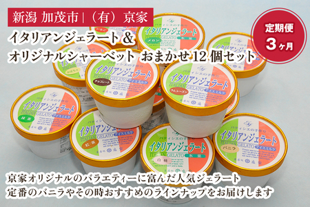 【定期便3ヶ月毎月お届け】京家のイタリアンジェラート&オリジナルシャーベット おまかせ12個セット
