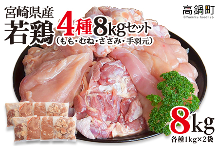 ＜宮崎県産若鶏4種 総重量8kgセット＞翌月末迄に順次出荷【c624_dm_x2】
