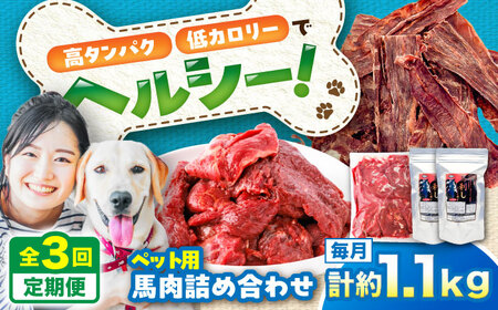 【全3回定期便】詰め合わせ 国内加工 ペット用 馬肉 切り落とし 約1kg ペット用 馬刺しジャーキー 約100g BHCY066