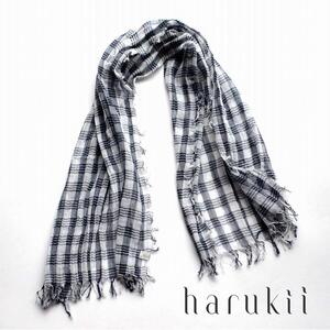 【harukii】細太チェック長綿ガーゼミニストール  (ネイビー)