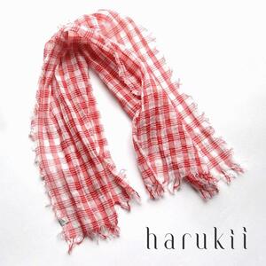 【harukii】細太チェック長綿ガーゼミニストール  (レッド)