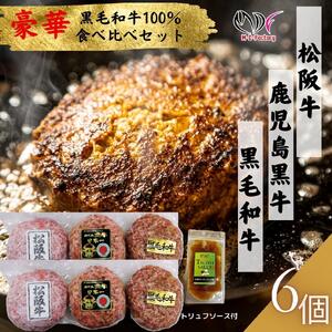 【ふるさと納税】【食べ比べ豪華セット】 松阪牛 ＆ 鹿児島黒牛 ＆ 黒毛和牛 100% ハンバーグ パティ 130g×6パック(各2パック)  トリュフソース付
