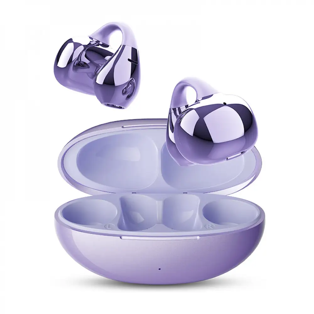 【2025年モデル】 空気伝導イヤホン Bluetooth5.4 TWS ＜パープル＞ワイヤレスイヤホン イヤーカフ型 挟み込み 耳を塞がない ENC ノイズキャンセリング 単一指向性 自動ペアリング HiFi高音質 充電ケース付き 安定装着 防水防滴 軽量設計 日本語取扱説明書 【PL保険加入済み製品・安心】