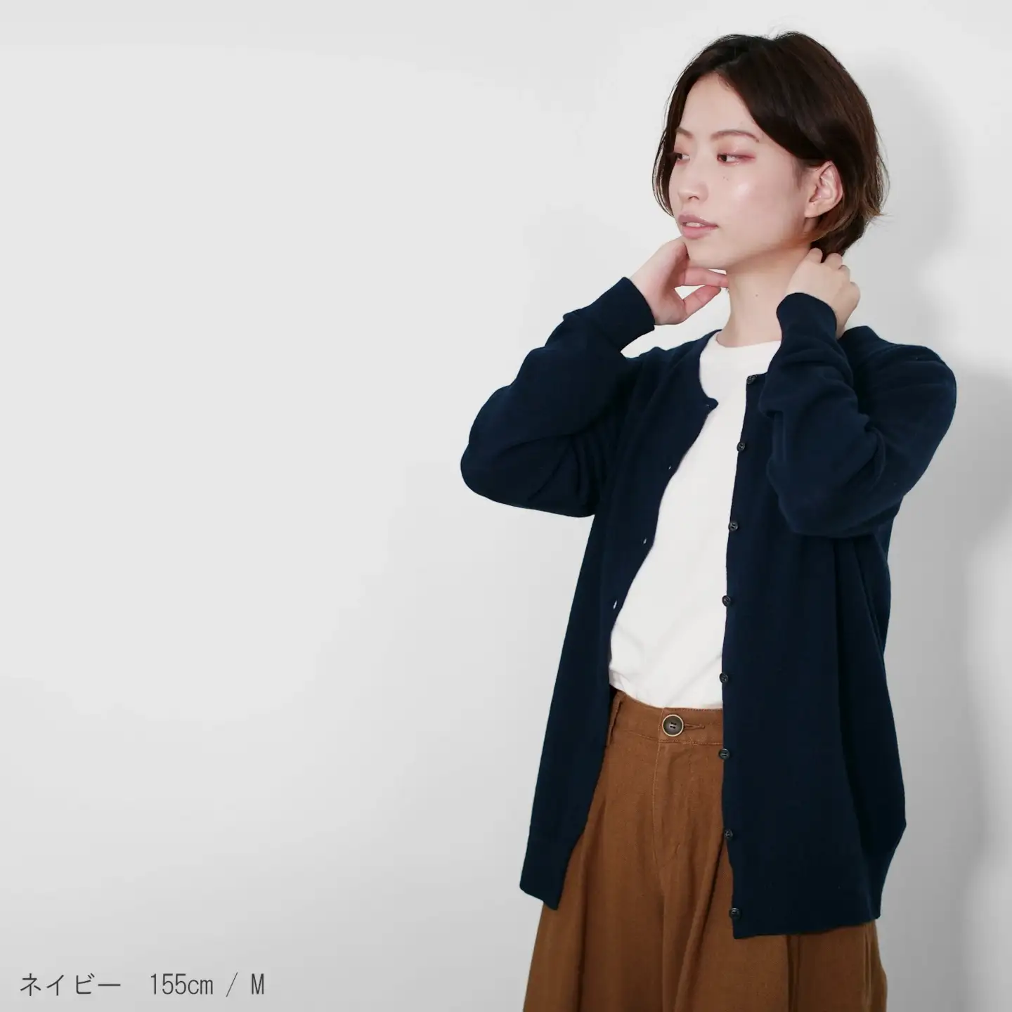 カシミヤクルーネック カーディガン ( ネイビー・L ) レディース