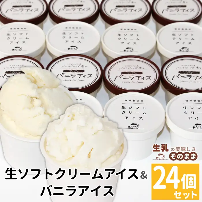 2026年7月1日～寄付金額変更★〈1週間以内発送〉生ソフトクリーム＆バニラアイス 24個 食べ比べ 着色料不使用 高評価 80ml マダガスカル産 生乳 スイーツ アイスクリーム バニラ 定番 ミルクアイス ご当地アイス 詰め合わせ ソフトクリーム 