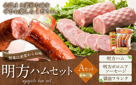 明方ハム Aセット 計3個 | めぐみの農業協同組合 国産豚肉 ハム ボロニアソーセージ フランク 詰め合わせ