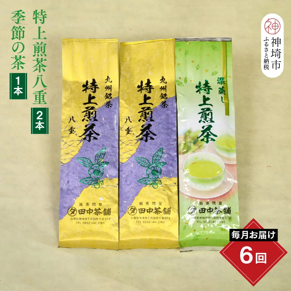 【毎月お届け6回】特上煎茶八重2本と季節のお茶1本(合計100g×3本)(H047129)