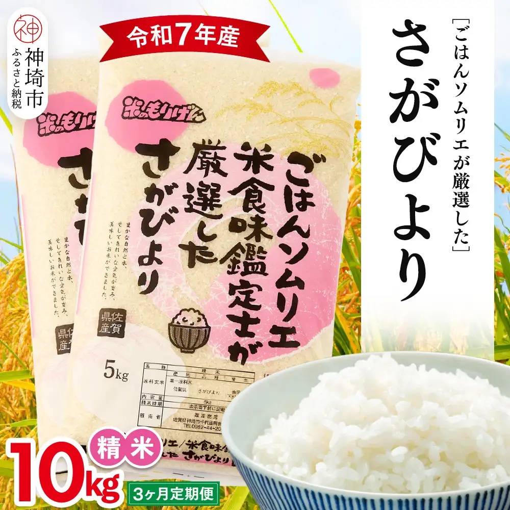 【令和7年産 3ヶ月定期便】ごはんソムリエが厳選 白米 さがびより 10kg(H063161)