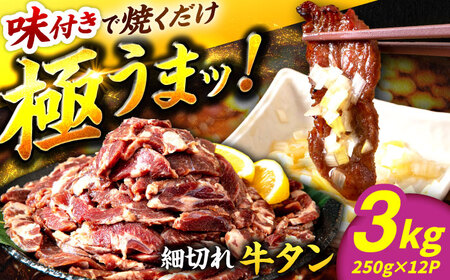 極上塩うまタレ 味付け牛タン 3kg(250g×12) 細切れ 小分け 吉野ヶ里町/やきとり紋次郎[FCJ108]