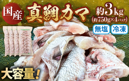 国産 真鯛カマ 約3kg (約750g×4パック) 大容量 無塩 冷凍【 鯛めし】[m78-a008]