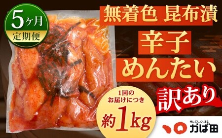 【5カ月定期便】無着色 昆布漬 辛子めんたい『訳あり』約1kg×5回 計約5kg 毎月お届け 辛子明太子 辛子めんたいこ 明太子 めんたいこ たらこ 冷凍 福岡県 北九州市