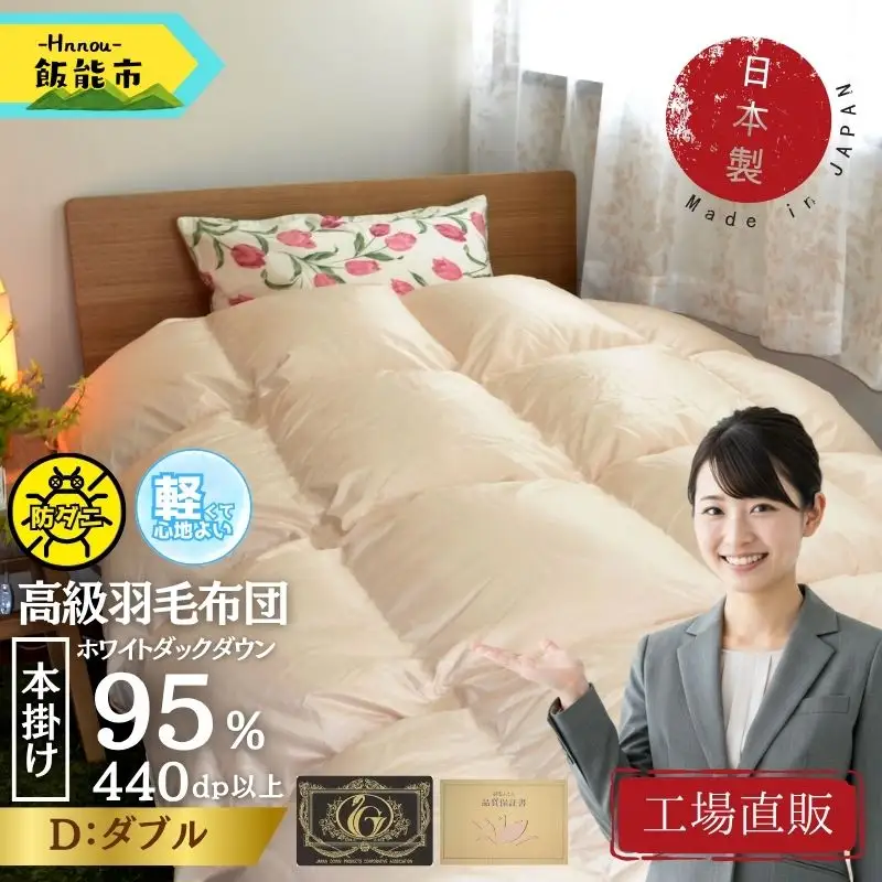 【工場直販】高級ノンキルト羽毛布団＜クリーンワッフル＞ホワイトダウン95% プレミアムゴールド＜ダブル/ミクロス側地/防ダニ/アレルゲン対策＞ HNNCG006