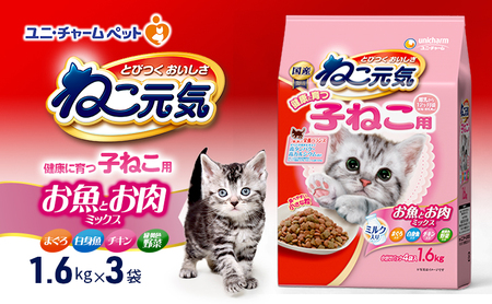 ねこ元気 健康に育つ子ねこ用 お魚とお肉ミックス 1.6kg×3袋 ペットフード