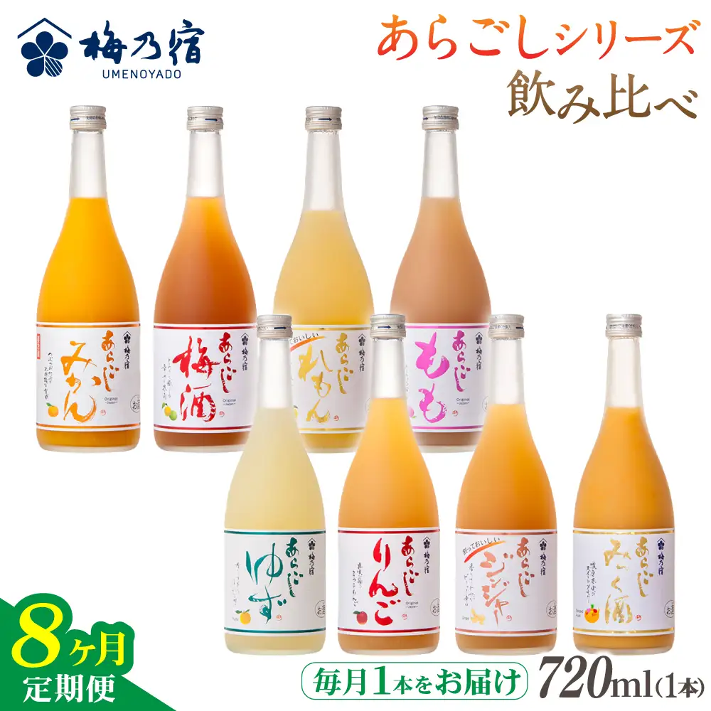 梅乃宿 あらごしシリーズ 飲み比べ【８ヵ月定期便】毎月720ml×１本 ／ 定期便 梅乃宿酒造 お酒 リキュール ギフト 贈り物 プレゼント 人気 メーカー直送 みっく酒 ゆず みかん 梅酒 もも 果実 奈良県 葛城市【umyd-tkb001】