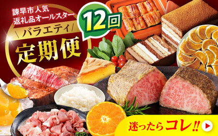 【12回定期便】バラエティ定期便 諫早市人気返礼品オールスター / 豚肉 米 野菜 ローストビーフ スイーツ うなぎ ゼリー カステラ 卵 餃子 みかん ステーキ / 諫早市[AHDC041]