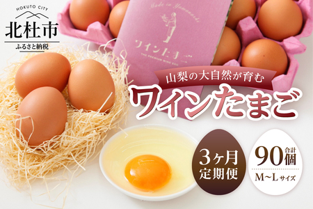 【3ヶ月定期便】山梨の大自然が育む「ワインたまご」30個　卵 鶏卵 M～Lサイズ 定期便 新鮮 たまご コク 旨味 ポリフェノール 厳選餌 ブドウの皮 種  山梨県 北杜市産 ハイチック 明野農場 [h081]