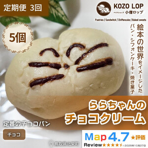 1140.【定期便3ヶ月】鳥取県産 人気キャラクターパン 自家製チョコカスタードパン ららちゃんのチョコクリーム 5個×3回