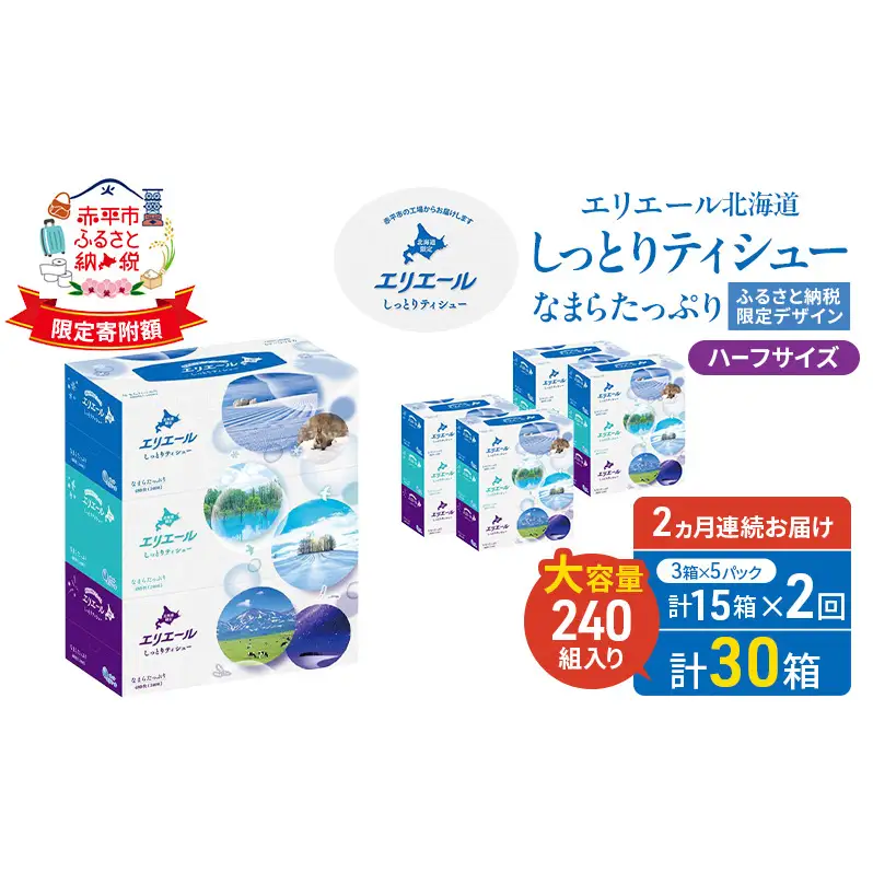 定期便 2ヵ月連続お届け エリエール ハーフサイズ 収納に便利 コンパクト 【少量5パック】 北海道 しっとりティシュー なまらたっぷり 240組3箱 5パック 計15箱 ボックスティシュー ふるさと納税限定デザイン