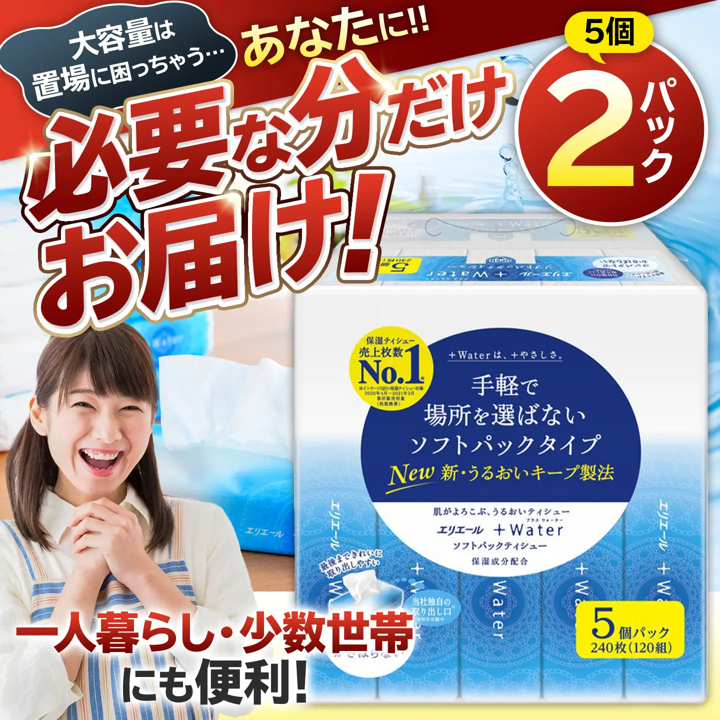 エリエール +Water（プラスウォーター）ソフトパックティシュー　120W5P×2パック 【0095-016-1】ティッシュ