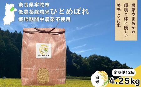 【定期便12回】ひとめぼれ 低農薬栽培＜令和7年産 白米 4.25kg ＞ / ふるさと納税 低農薬 米 お米 こめ コメ 国産 新米 玄米 一等米 農家やまおか 奈良県 宇陀市