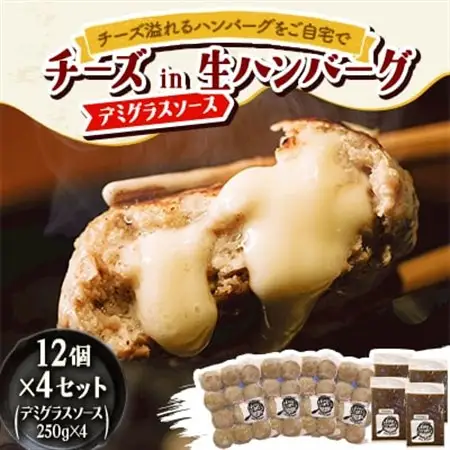 チーズ in 生ハンバーグ 12個×4セット+デミグラスソース250g×4【配送不可地域：離島】【1673885】