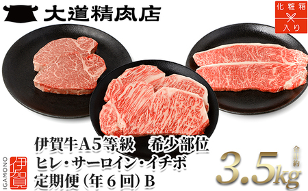 【年6回偶数月発送】伊賀牛 A5ヒレ・サーロイン・イチボ 定期便B 総合計約3.5kg【dido-tkb0024】