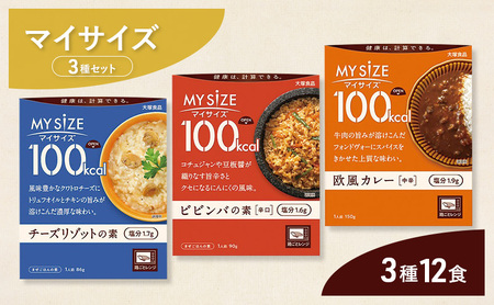 レトルト食品 大塚食品 マイサイズ 100kcal 3種（欧風カレー・チーズリゾットの素・ビビンバの素）×各4個 インスタント 牛肉 スパイス 風味豊 濃厚 コチュジャン 豆板醤 防災 綾瀬市 神奈川県