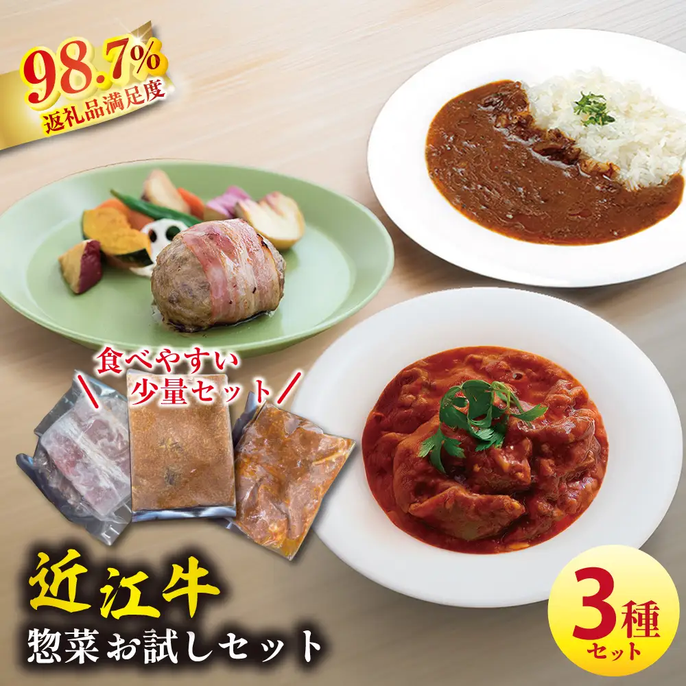 近江牛カレー 200g × 1個 近江牛ハンバーグ 150g × 1個 近江牛デミグラスすじ煮込み 150g × 1個 セット【AB100W】 惣菜 冷凍 お試し 少量