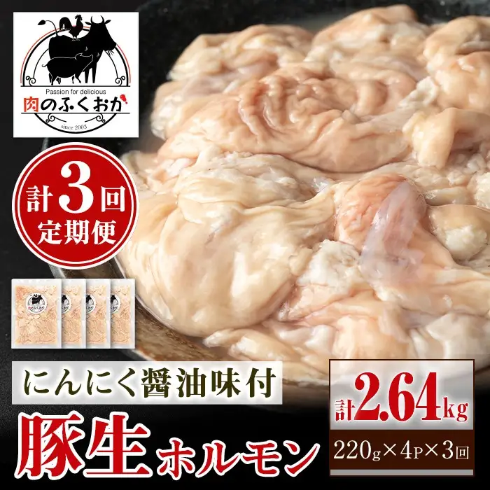 【A79015】＜定期便・全3回＞豚生ホルモンにんにく醤油味付(計2.64kg・220g×4P×3回) 鹿児島 豚肉 ホルモン 生ホルモン にんにく 醤油 おかず 加工品 味付け おつまみ 小分け パック 冷凍 冷凍食品 お弁当【肉のふくおか】