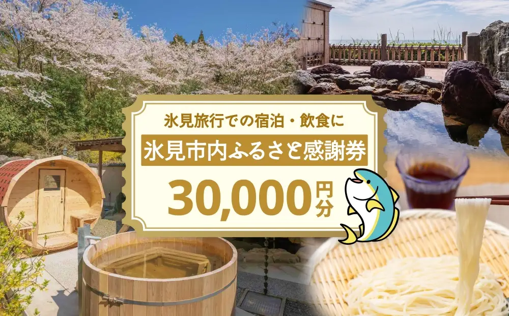 氷見市内ふるさと感謝券（宿泊・飲食） 30,000円分 観光 旅行 飲食 ランチ ディナー 食事  温泉 宿 民宿 旅 食体験 グルメ 富山県 氷見市