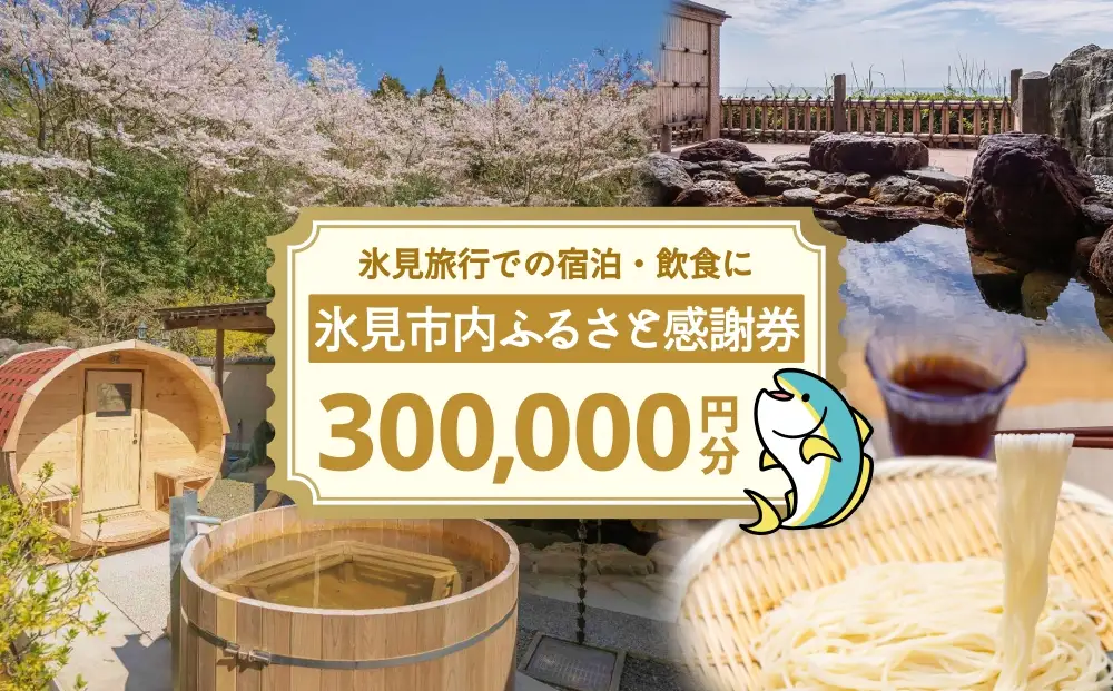 氷見市内ふるさと感謝券（宿泊・飲食） 300,000円分 観光 旅行 飲食 ランチ ディナー 食事  温泉 宿 民宿 旅 食体験 グルメ 富山県 氷見市